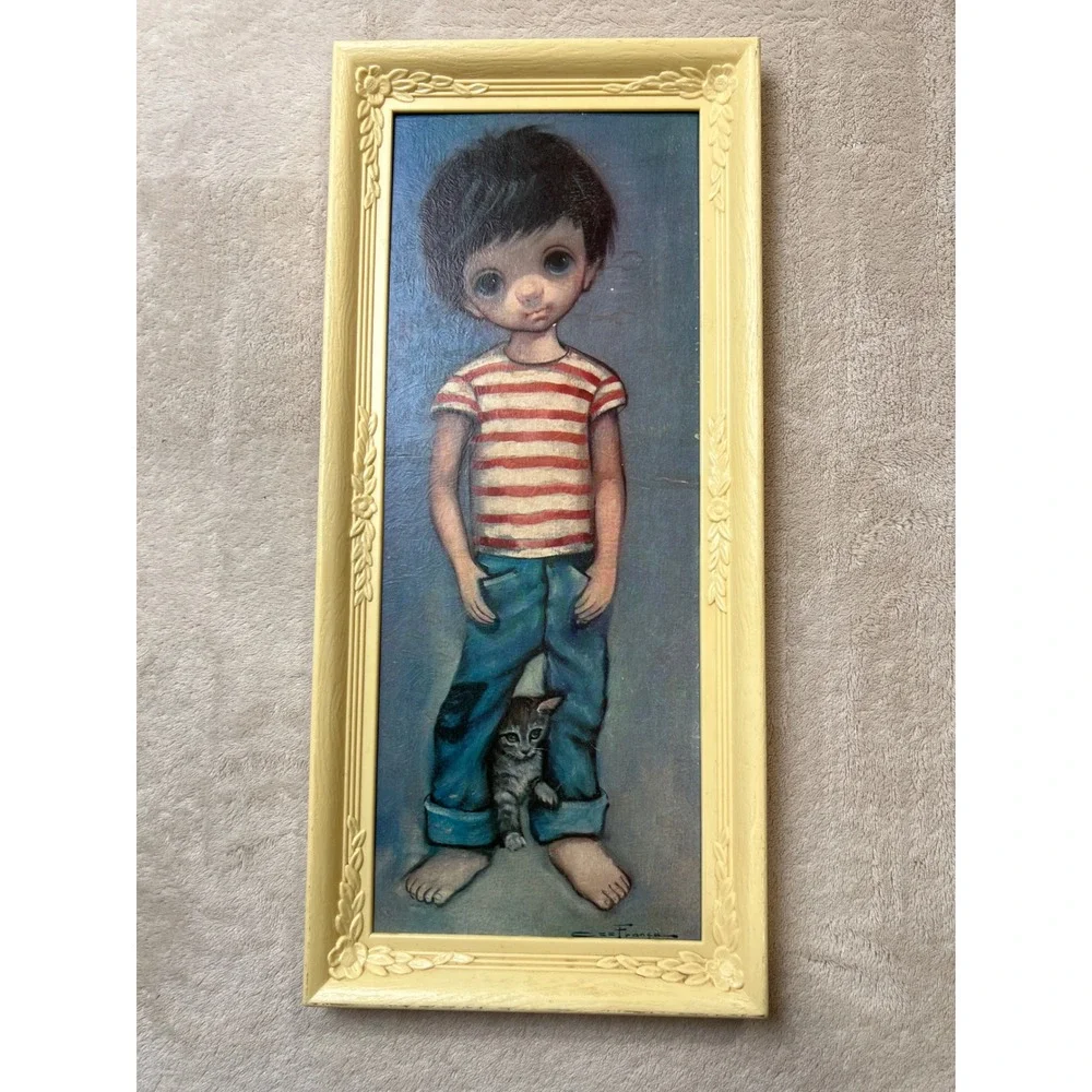Ozz Franca Vintage Big Eye Boy Art Set 18x8 Cream Framed Alvaro and Franca MCM